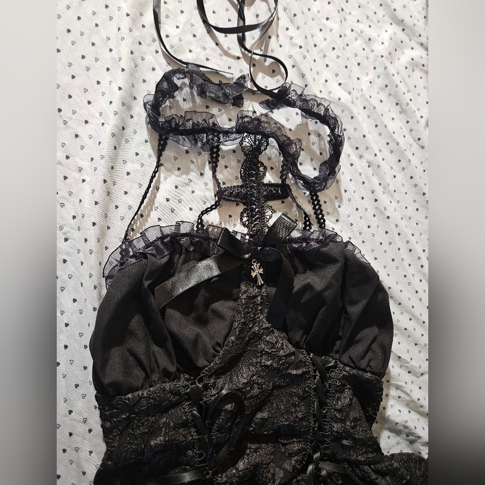 Black goth lolita dress - cross, ribbons, and lace